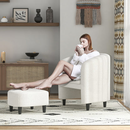 Barrel Style Accent Chair with Matching Ottoman in Soft Teddy Velvet - Beige