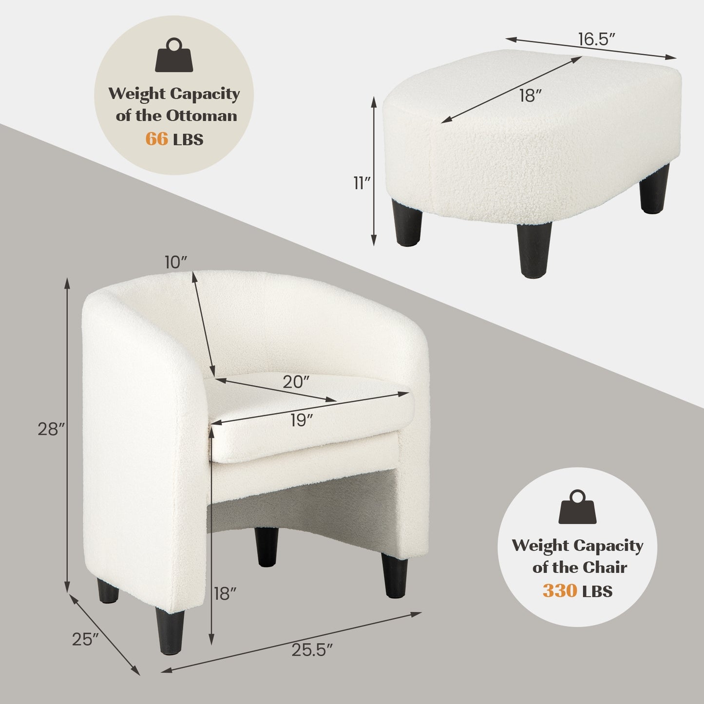 Barrel Style Accent Chair with Matching Ottoman in Soft Teddy Velvet - Beige