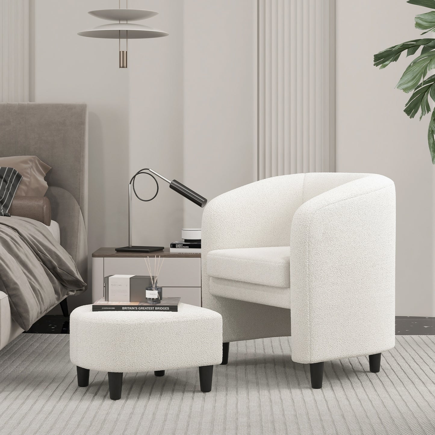 Barrel Style Accent Chair with Matching Ottoman in Soft Teddy Velvet - Beige