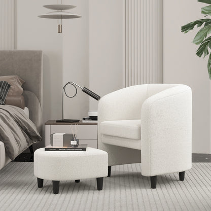 Barrel Style Accent Chair with Matching Ottoman in Soft Teddy Velvet - Beige