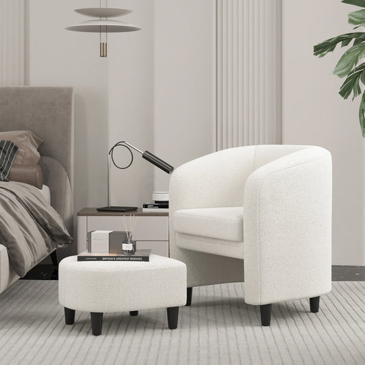 Barrel Style Accent Chair with Matching Ottoman in Soft Teddy Velvet - Beige