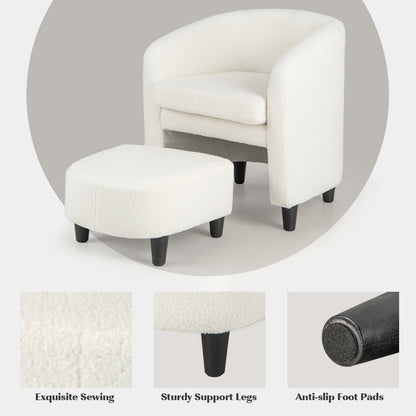 Barrel Style Accent Chair with Matching Ottoman in Soft Teddy Velvet - Beige