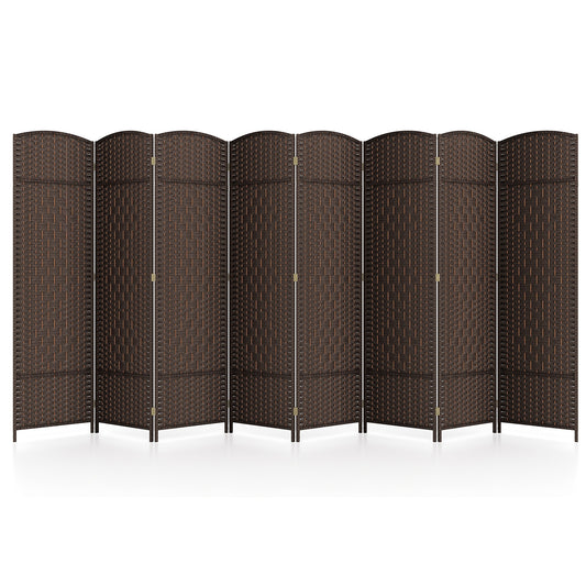8-Panel Hand-Woven Privacy Screen Room Divider with Solid Wood Frame - Brown