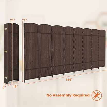 8-Panel Hand-Woven Privacy Screen Room Divider with Solid Wood Frame - Brown