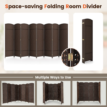 8-Panel Hand-Woven Privacy Screen Room Divider with Solid Wood Frame - Brown
