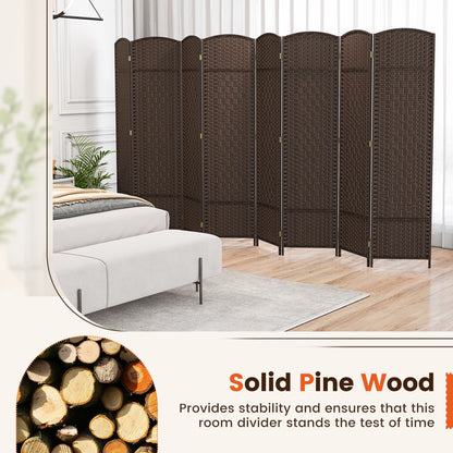8-Panel Hand-Woven Privacy Screen Room Divider with Solid Wood Frame - Brown