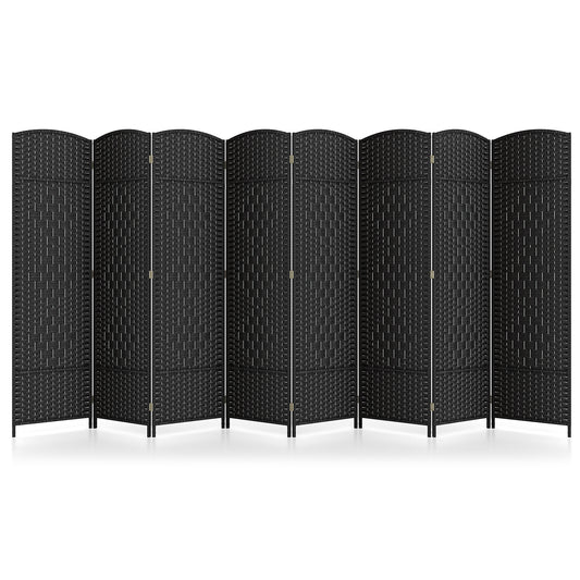 8-Panel Hand-Woven Privacy Screen Room Divider with Solid Wood Frame - Black