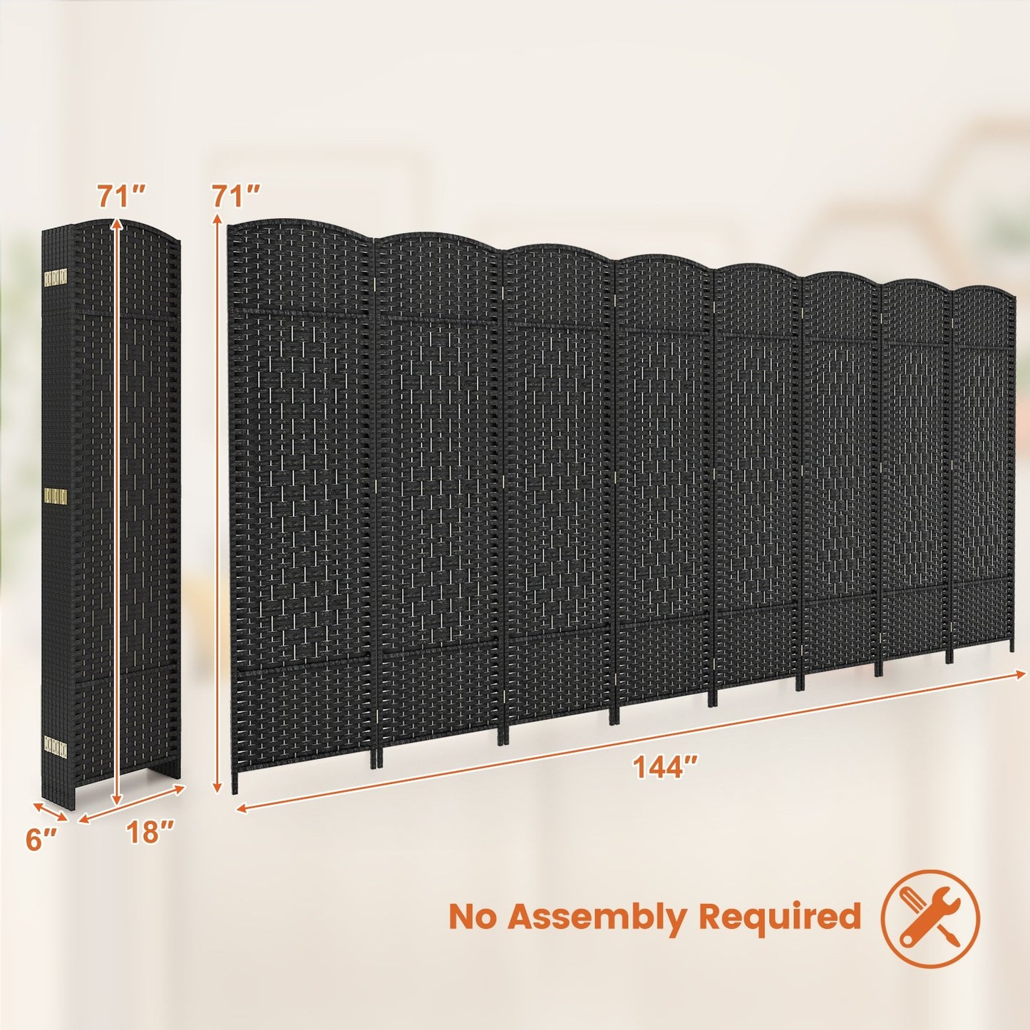 8-Panel Hand-Woven Privacy Screen Room Divider with Solid Wood Frame - Black