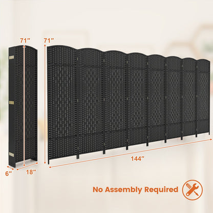 8-Panel Hand-Woven Privacy Screen Room Divider with Solid Wood Frame - Black