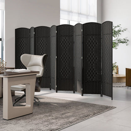8-Panel Hand-Woven Privacy Screen Room Divider with Solid Wood Frame - Black