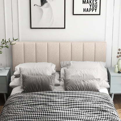 Adjustable Width Linen Upholstered Headboard with Solid Wood Legs - Beige