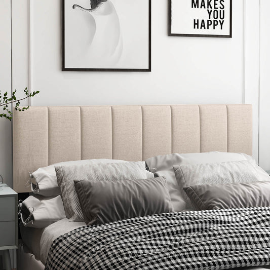 Adjustable Width Linen Upholstered Headboard with Solid Wood Legs - Beige