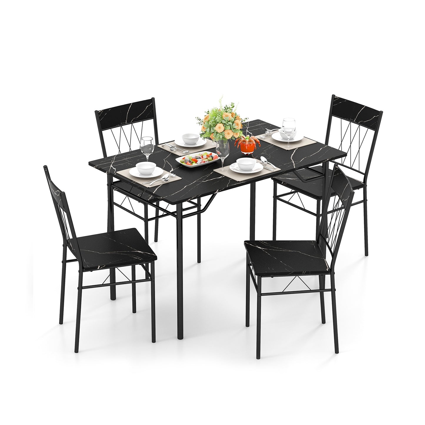 Modern 5 Piece Dining Set with Rectangular Table and 4 Upholstered Chairs - Black