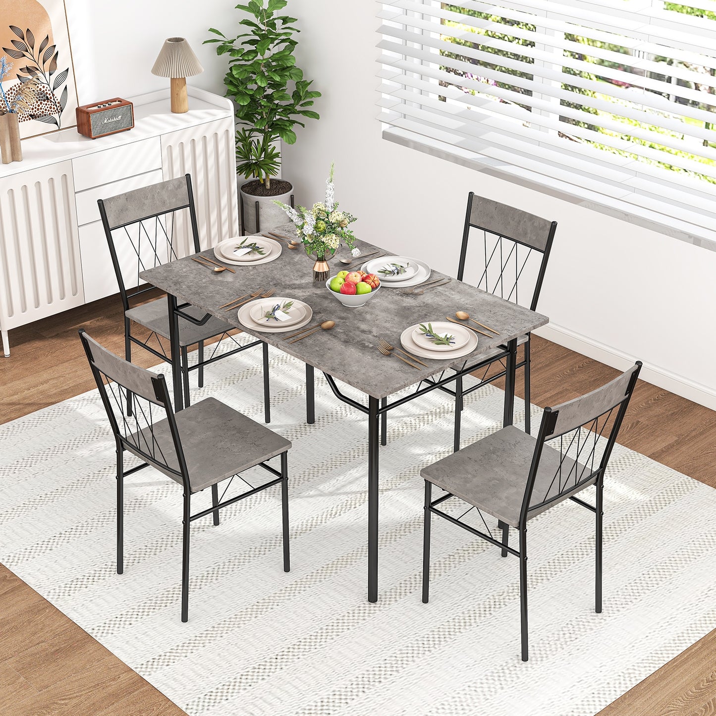 Modern 5 Piece Dining Set with Rectangular Table and 4 Upholstered Chairs - Grey
