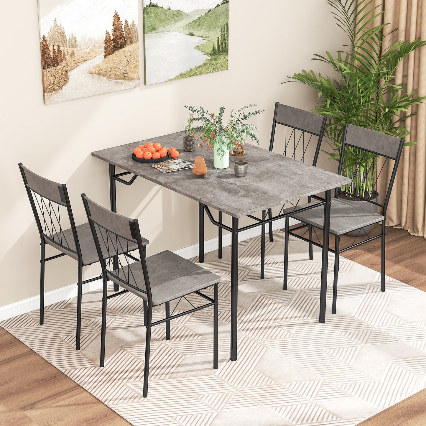 Modern 5 Piece Dining Set with Rectangular Table and 4 Upholstered Chairs - Grey