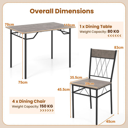 Modern 5 Piece Dining Set with Rectangular Table and 4 Upholstered Chairs - Grey