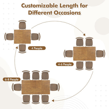 Expandable Dining Table for 4 to 8 People with Solid Rubber Wood Legs and Walnut Finish