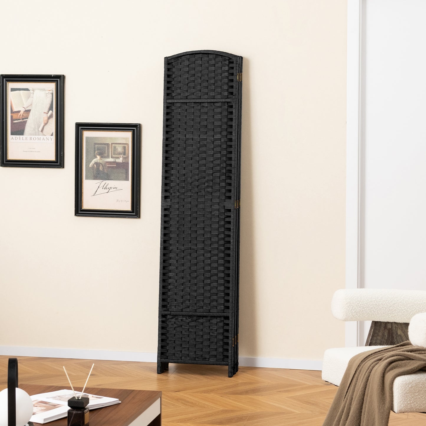 6-Panel 5.6ft Folding Room Divider with Hand-Woven Texture for Privacy and Style - Black