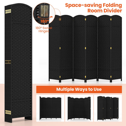 6-Panel 5.6ft Folding Room Divider with Hand-Woven Texture for Privacy and Style - Black