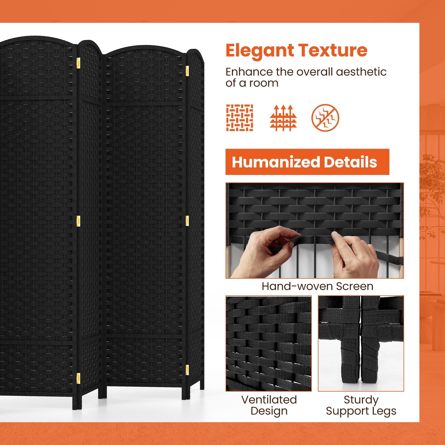 6-Panel 5.6ft Folding Room Divider with Hand-Woven Texture for Privacy and Style - Black