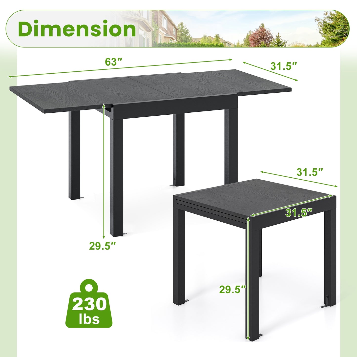 Expandable Outdoor Dining Table for 4 to 6 People with Adjustable Length and Aluminum Frame