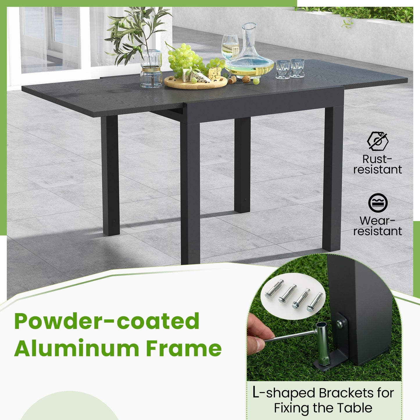 Expandable Outdoor Dining Table for 4 to 6 People with Adjustable Length and Aluminum Frame
