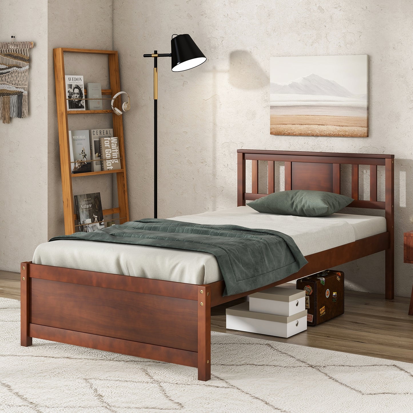 Durable Wooden Platform Bed with Headboard & Slat Support - Twin Size