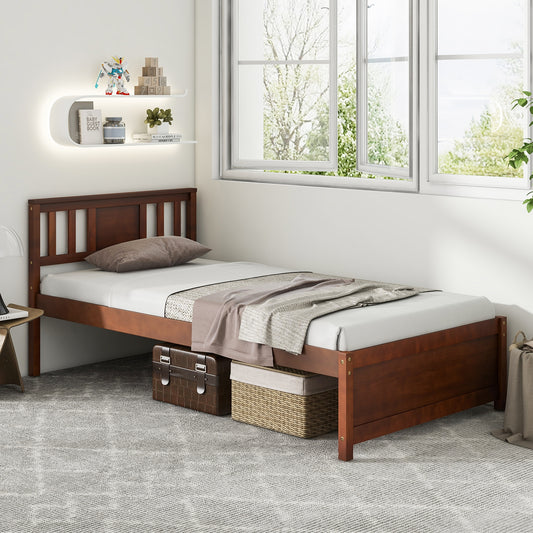 Durable Wooden Platform Bed with Headboard & Slat Support - Twin Size