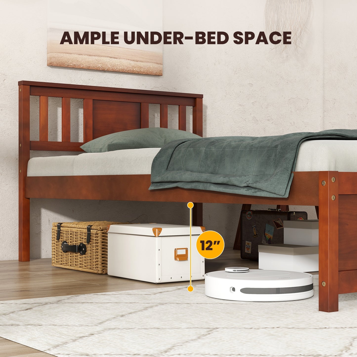 Durable Wooden Platform Bed with Headboard & Slat Support - Twin Size