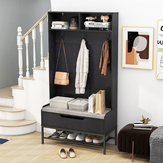 4-in-1 Entryway Hall Tree with Padded Seat Coat Rack and Shoe Storage - Black
