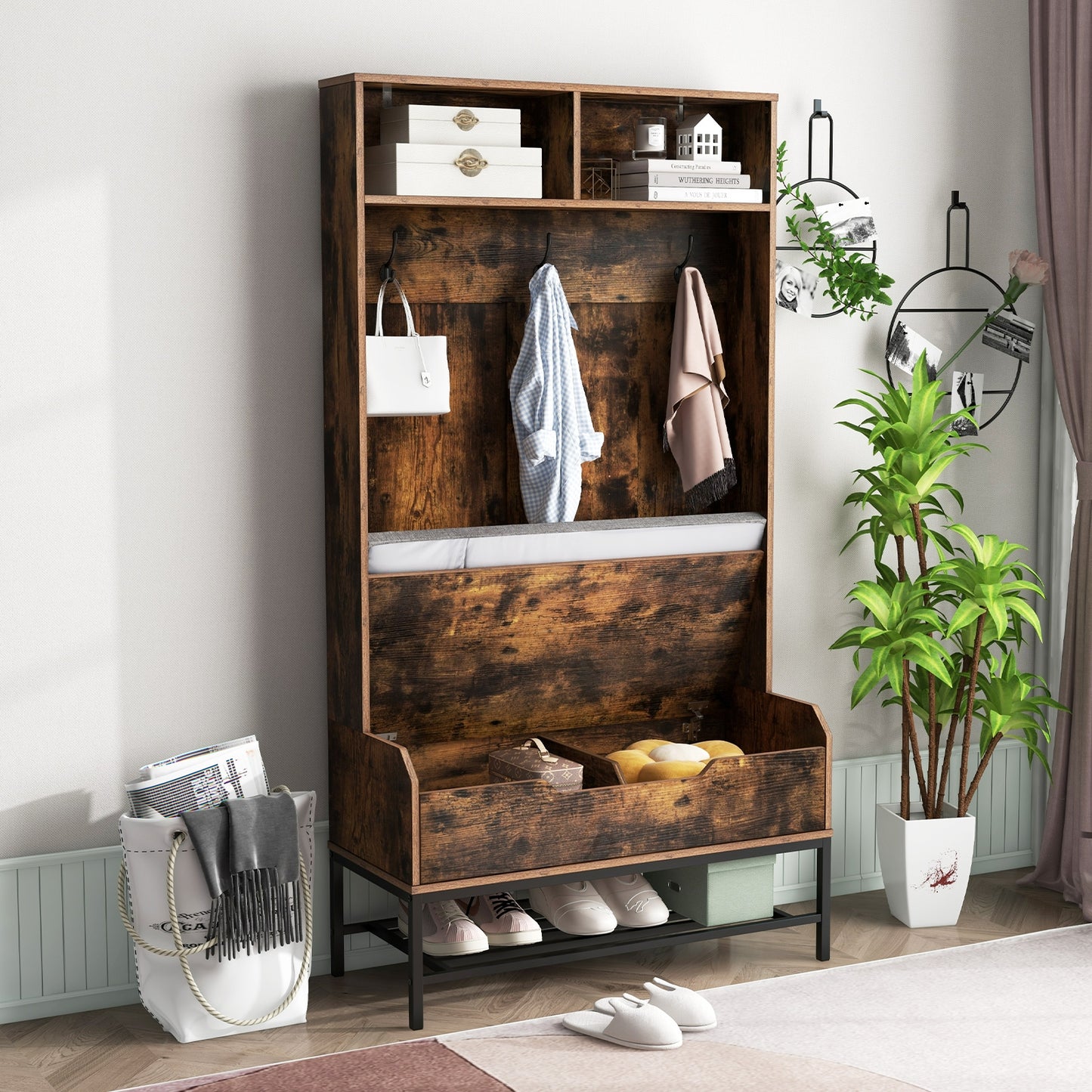 4-in-1 Entryway Hall Tree with Padded Seat Coat Rack and Shoe Storage - Rustic Brown
