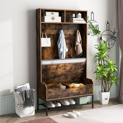 4-in-1 Entryway Hall Tree with Padded Seat Coat Rack and Shoe Storage - Rustic Brown
