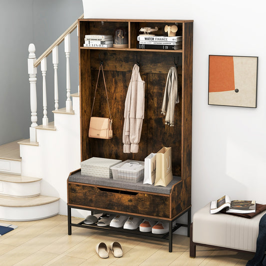 4-in-1 Entryway Hall Tree with Padded Seat Coat Rack and Shoe Storage - Rustic Brown