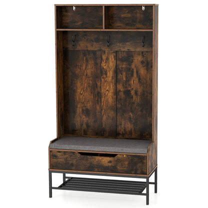 4-in-1 Entryway Hall Tree with Padded Seat Coat Rack and Shoe Storage - Rustic Brown