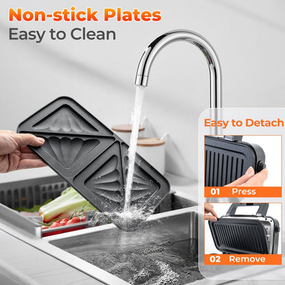 Versatile 3 in 1 Sandwich Maker & Grill with 1200W Power and Removable Non Stick Plates