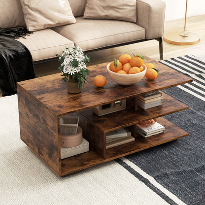 Modern 3-Tier Rectangular Coffee Table with Geometric L-Shaped Shelf and Storage Compartments in Brown