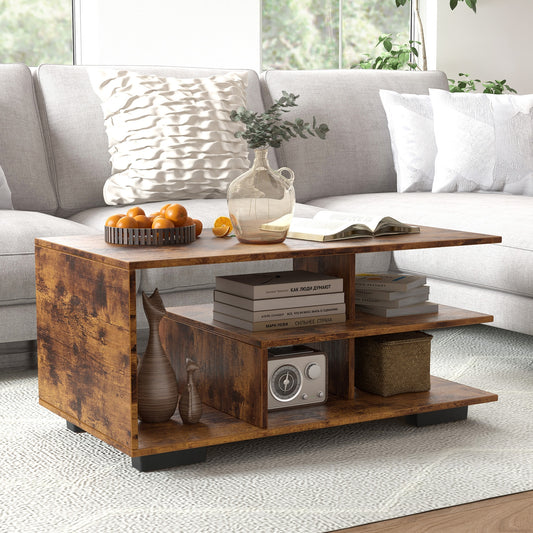Modern 3-Tier Rectangular Coffee Table with Geometric L-Shaped Shelf and Storage Compartments in Brown