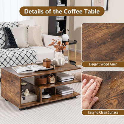 Modern 3-Tier Rectangular Coffee Table with Geometric L-Shaped Shelf and Storage Compartments in Brown