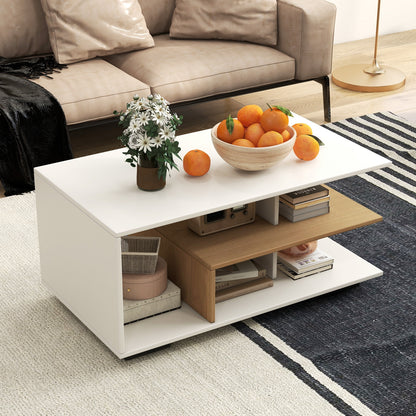 Modern 3-Tier Rectangular Coffee Table with Geometric L-Shaped Shelf and Storage Compartments in White