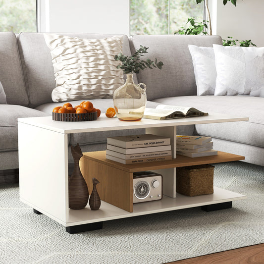 Modern 3-Tier Rectangular Coffee Table with Geometric L-Shaped Shelf and Storage Compartments in White