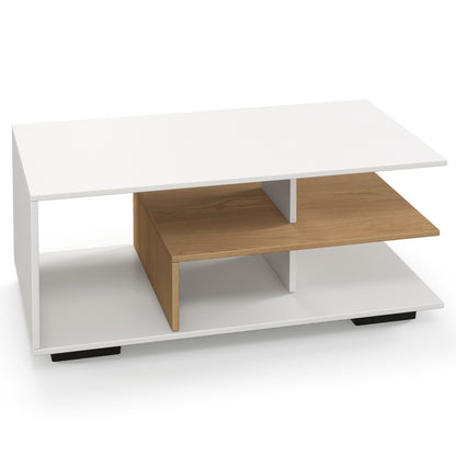 Modern 3-Tier Rectangular Coffee Table with Geometric L-Shaped Shelf and Storage Compartments in White