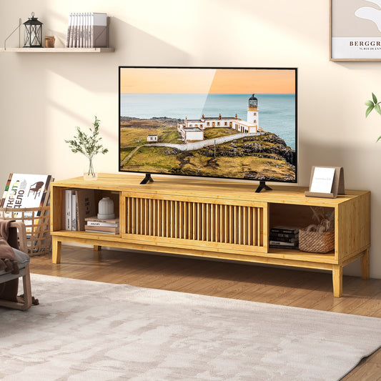 Bamboo TV Console with Slatted Sliding Doors and Storage for up to 65 Inch TVs