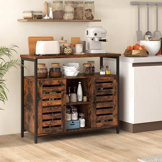 Industrial Buffet Sideboard with Push-to-Open Slatted Doors and Adjustable Shelves for Kitchen Storage