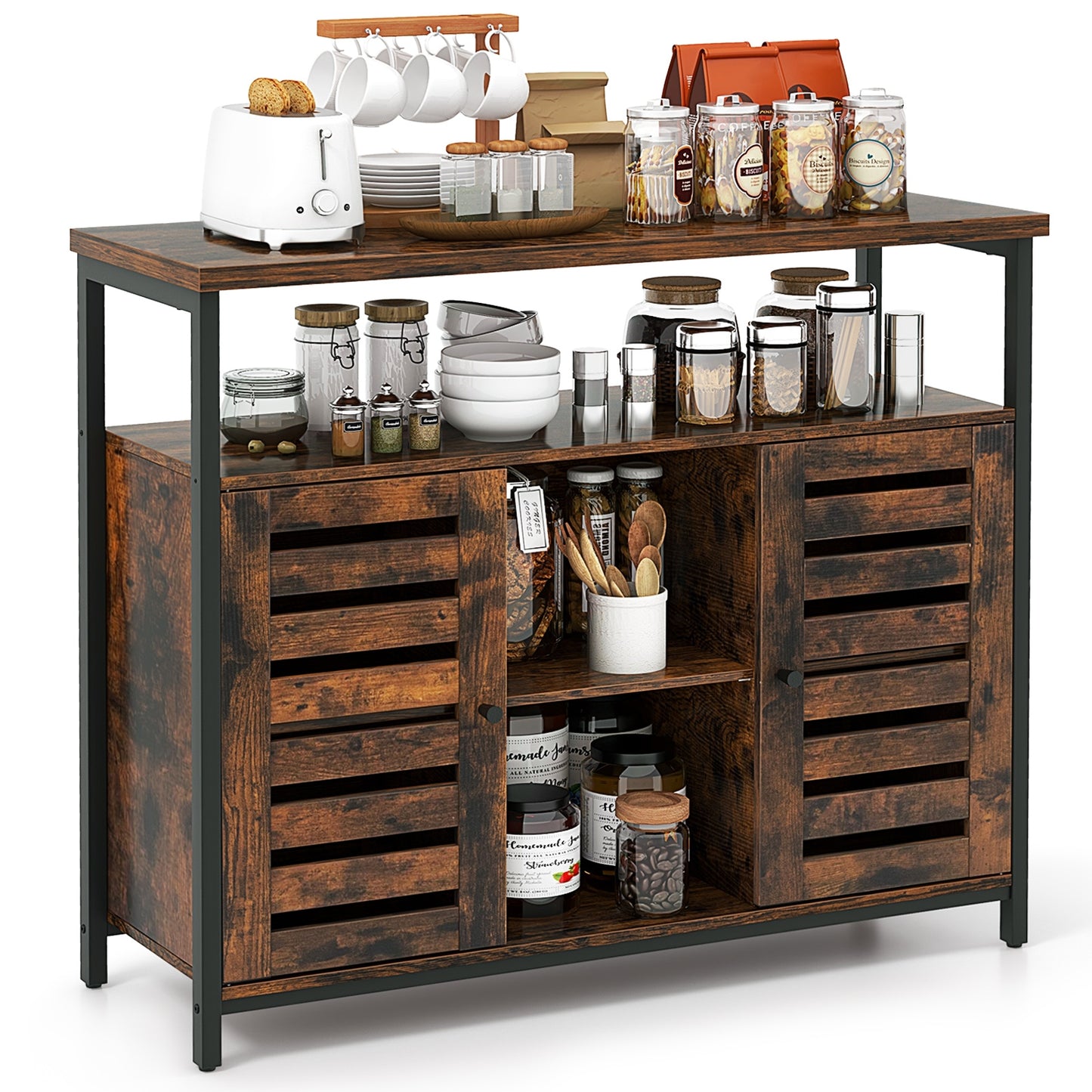 Industrial Buffet Sideboard with Push-to-Open Slatted Doors and Adjustable Shelves for Kitchen Storage