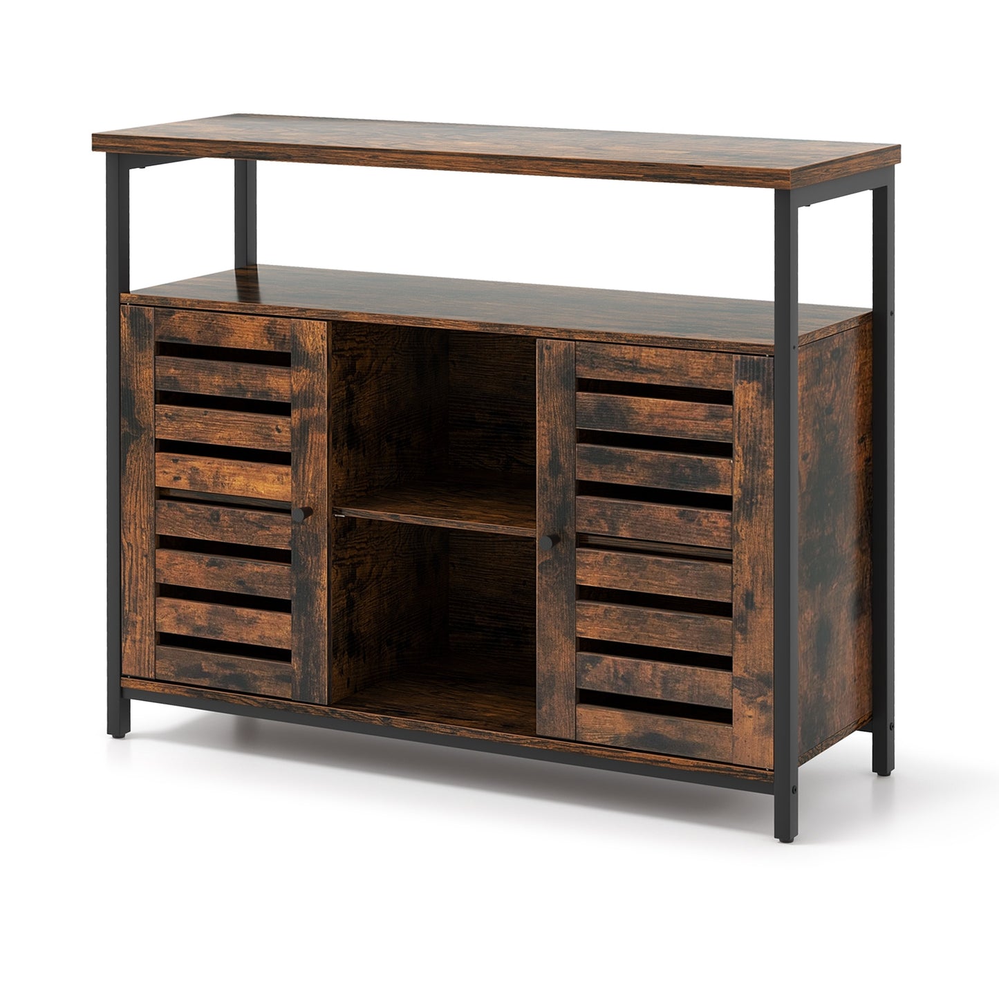 Industrial Buffet Sideboard with Push-to-Open Slatted Doors and Adjustable Shelves for Kitchen Storage