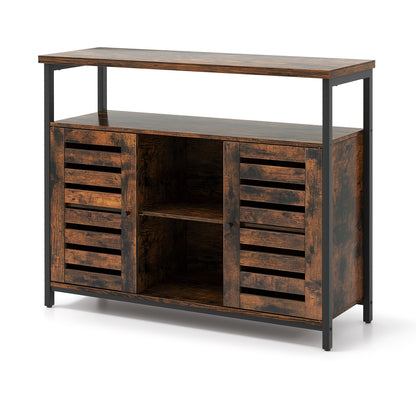 Industrial Buffet Sideboard with Push-to-Open Slatted Doors and Adjustable Shelves for Kitchen Storage