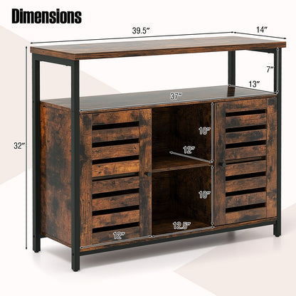 Industrial Buffet Sideboard with Push-to-Open Slatted Doors and Adjustable Shelves for Kitchen Storage