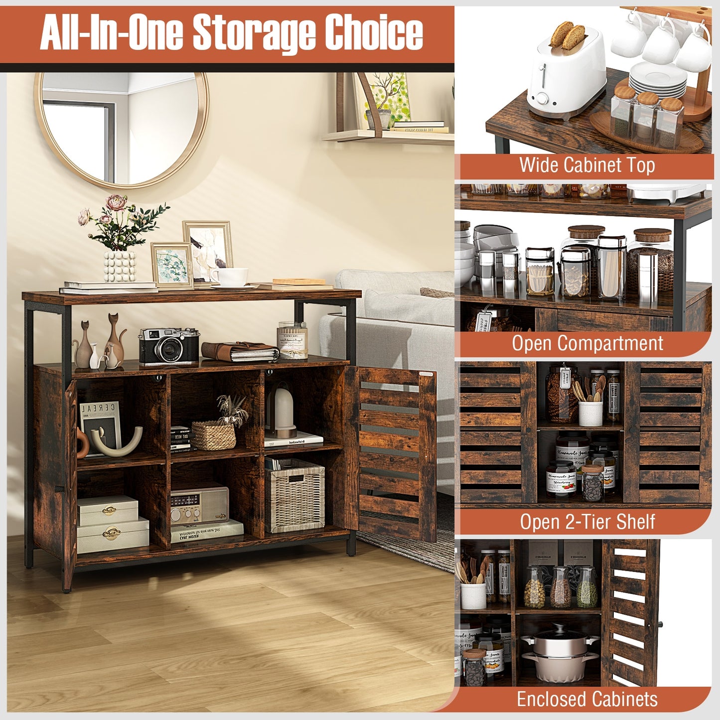 Industrial Buffet Sideboard with Push-to-Open Slatted Doors and Adjustable Shelves for Kitchen Storage