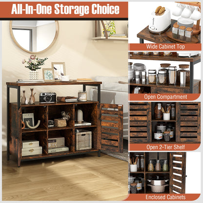 Industrial Buffet Sideboard with Push-to-Open Slatted Doors and Adjustable Shelves for Kitchen Storage