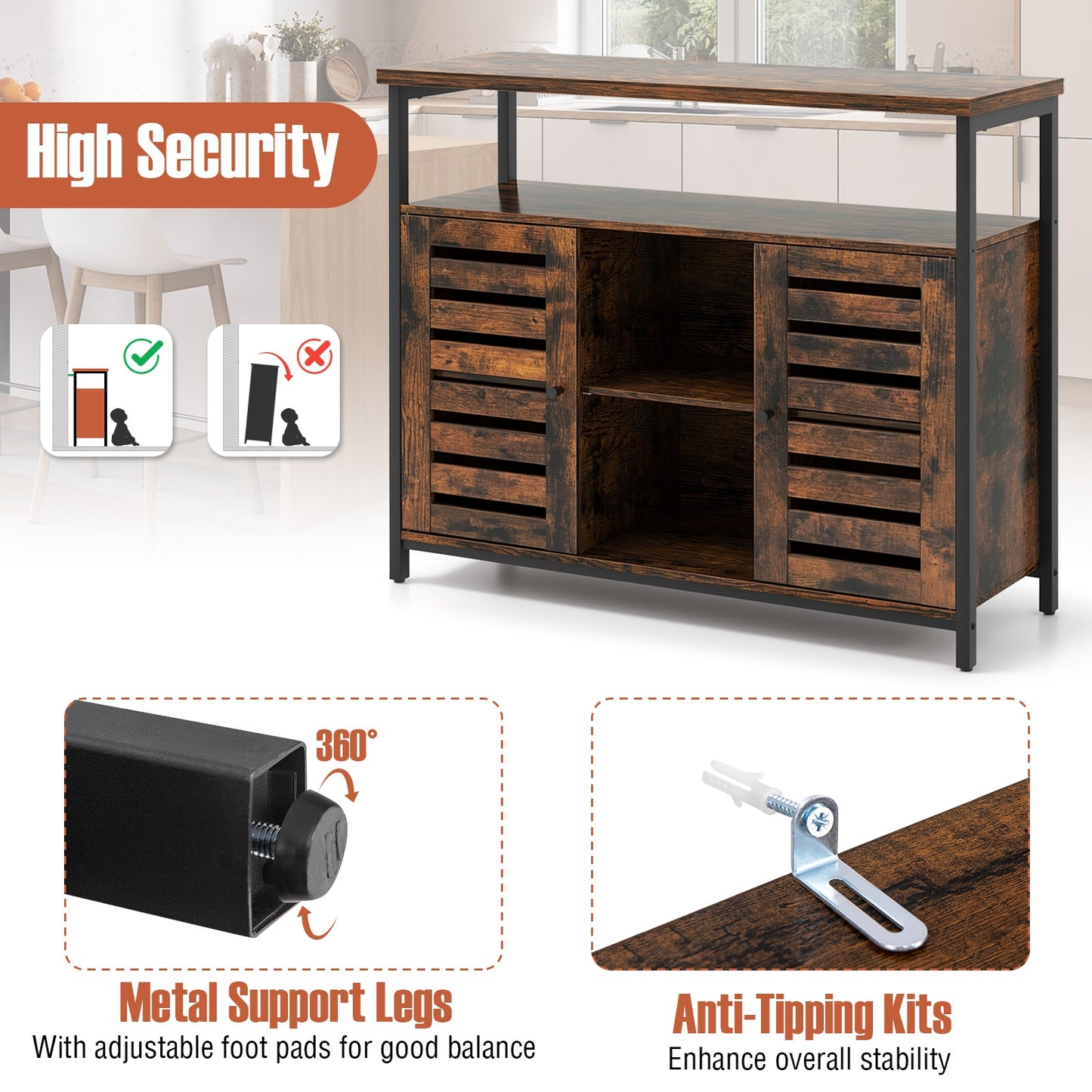 Industrial Buffet Sideboard with Push-to-Open Slatted Doors and Adjustable Shelves for Kitchen Storage